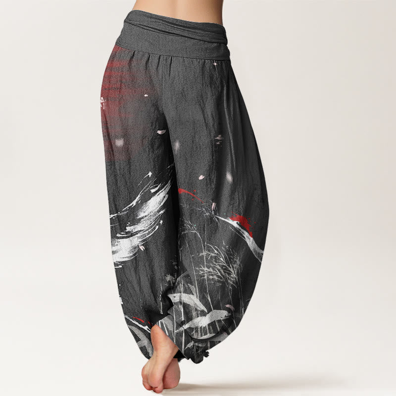 Cotton Casual Red-crowned Reed Sun Crane Pattern Women's Elastic Waist Harem Pants
