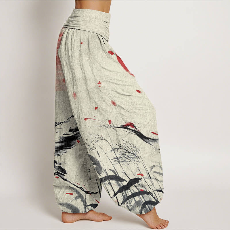 Cotton Casual Red-crowned Reed Sun Crane Pattern Women's Elastic Waist Harem Pants