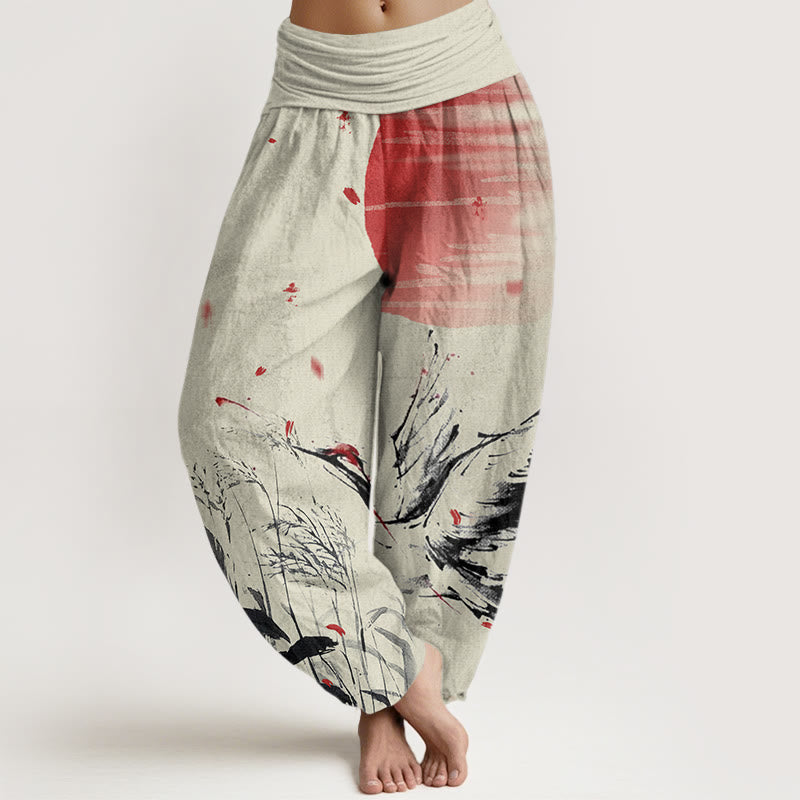 Cotton Casual Red-crowned Reed Sun Crane Pattern Women's Elastic Waist Harem Pants