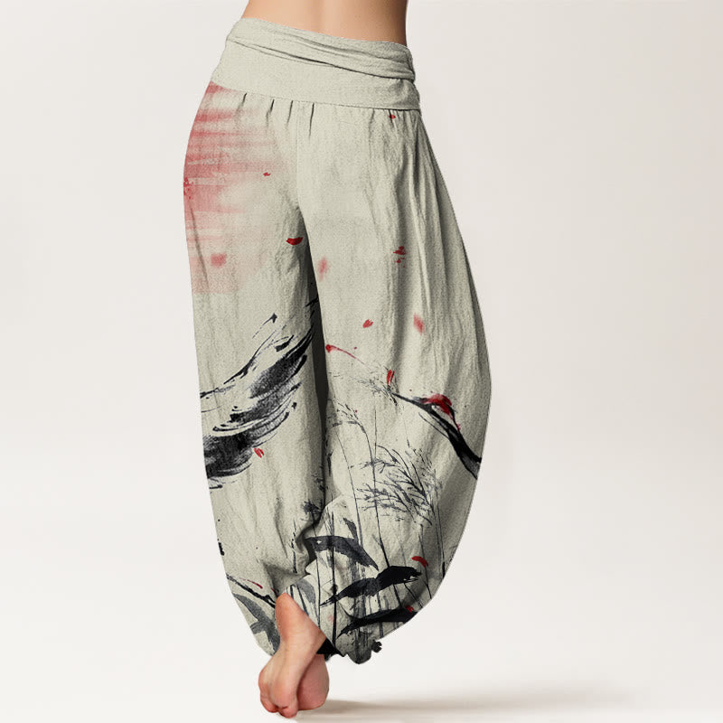Cotton Casual Red-crowned Reed Sun Crane Pattern Women's Elastic Waist Harem Pants