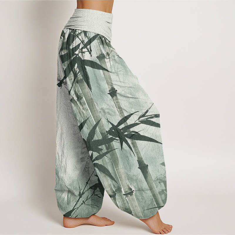 Cotton Casual Bamboo Leaves Dragonfly Pattern Women's Elastic Waist Harem Pants