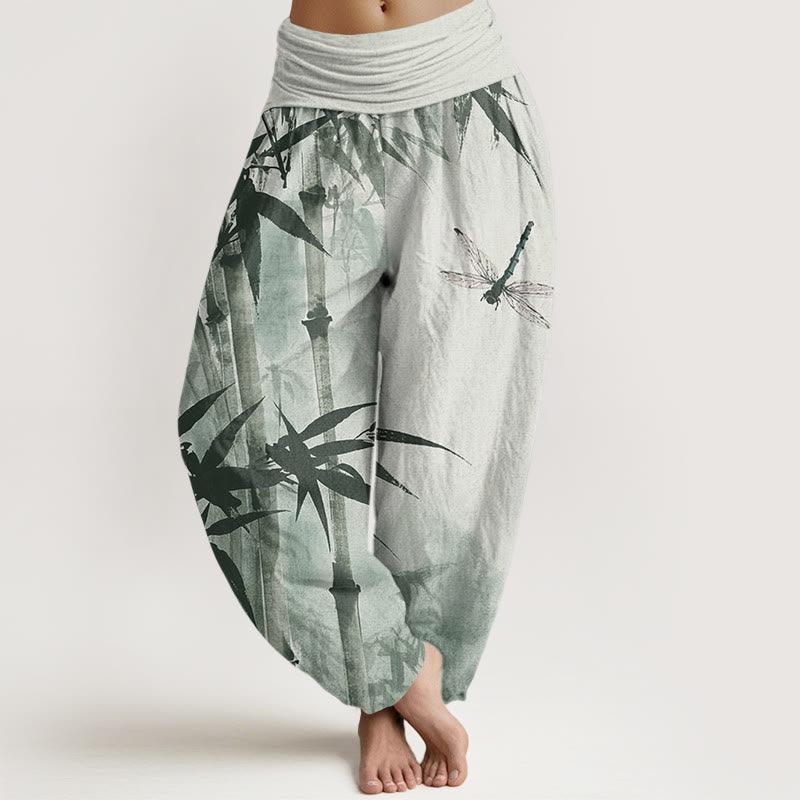 Cotton Casual Bamboo Leaves Dragonfly Pattern Women's Elastic Waist Harem Pants