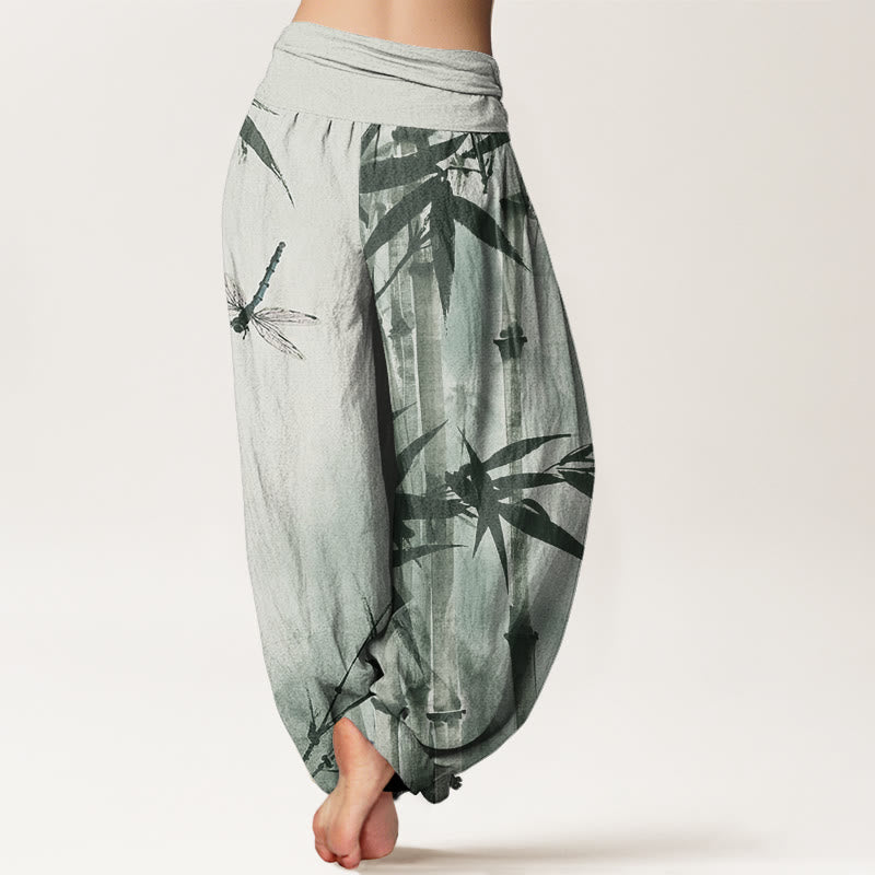 Cotton Casual Bamboo Leaves Dragonfly Pattern Women's Elastic Waist Harem Pants