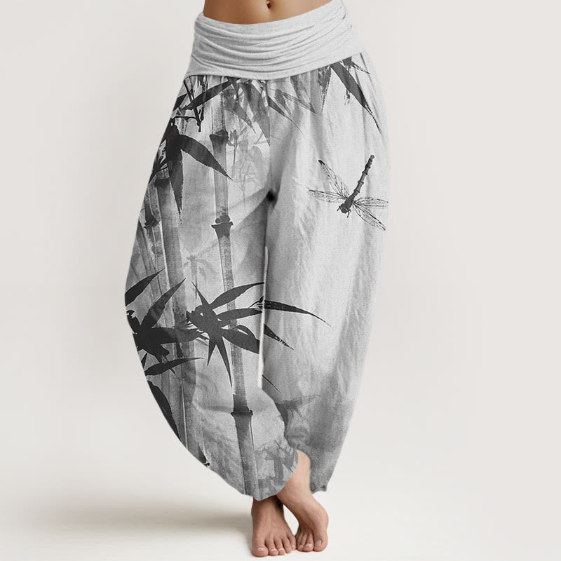 Cotton Casual Bamboo Leaves Dragonfly Pattern Women's Elastic Waist Harem Pants
