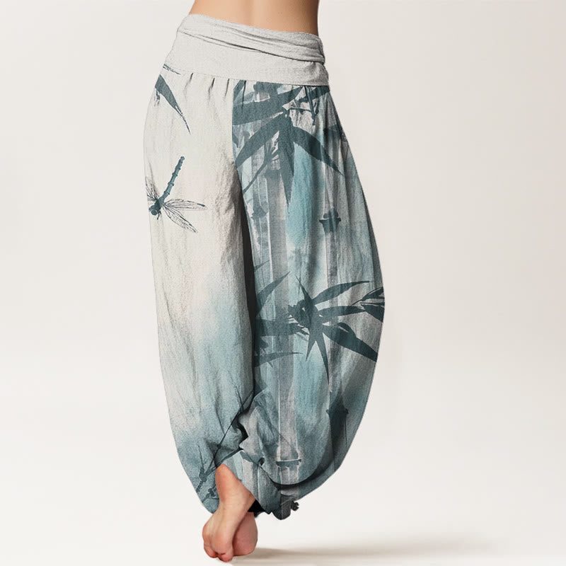 Cotton Casual Bamboo Leaves Dragonfly Pattern Women's Elastic Waist Harem Pants