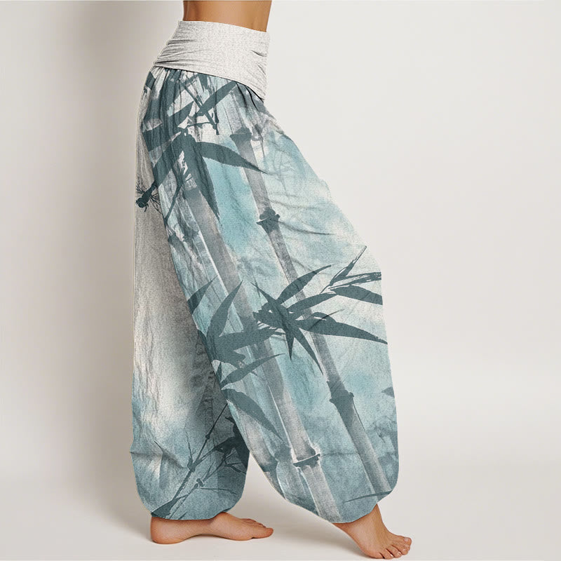 Cotton Casual Bamboo Leaves Dragonfly Pattern Women's Elastic Waist Harem Pants