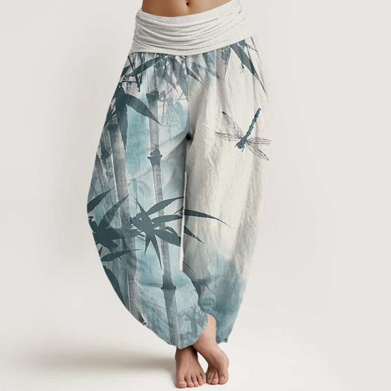 Cotton Casual Bamboo Leaves Dragonfly Pattern Women's Elastic Waist Harem Pants