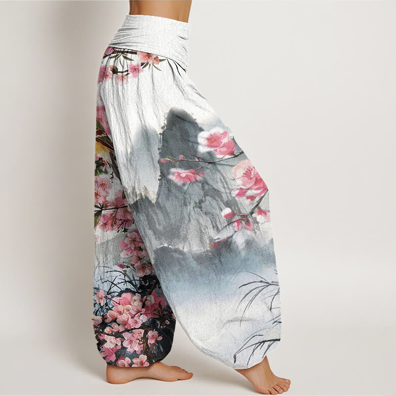Cotton Bird Cherry Blossom Mountains Pattern Women's Elastic Waist Harem Pants