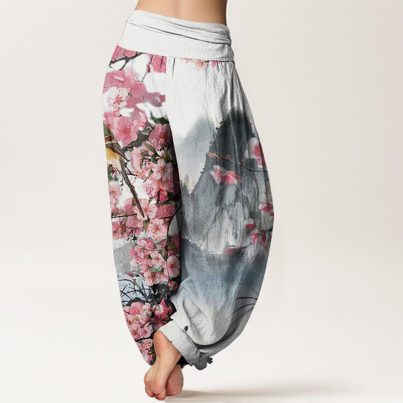 Cotton Bird Cherry Blossom Mountains Pattern Women's Elastic Waist Harem Pants