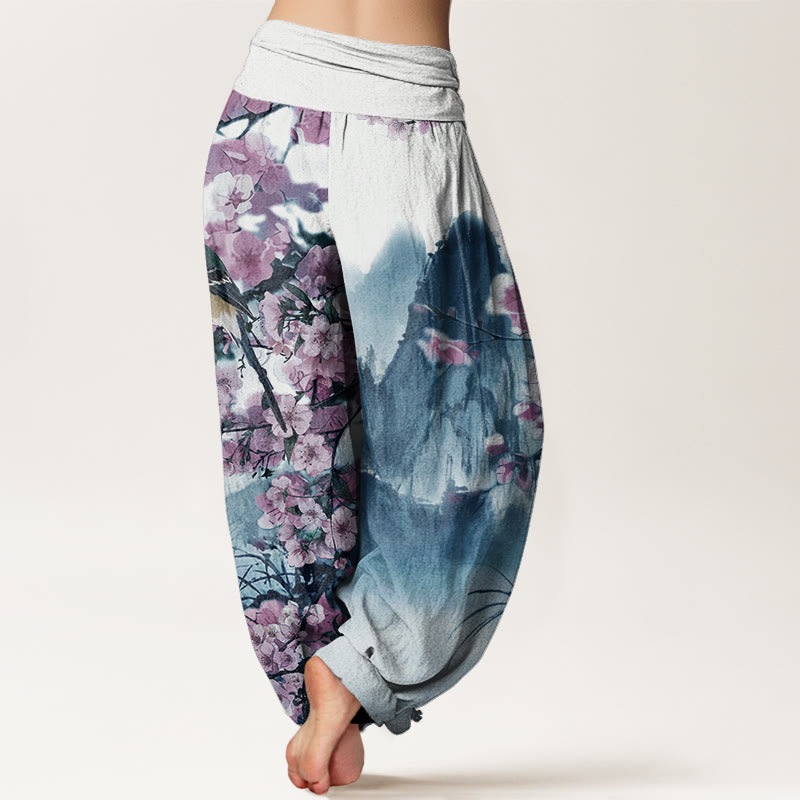 Cotton Bird Cherry Blossom Mountains Pattern Women's Elastic Waist Harem Pants