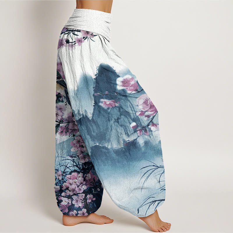 Cotton Bird Cherry Blossom Mountains Pattern Women's Elastic Waist Harem Pants
