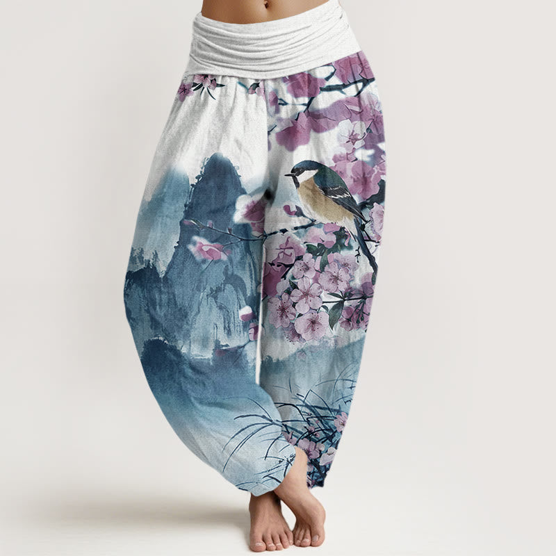 Cotton Bird Cherry Blossom Mountains Pattern Women's Elastic Waist Harem Pants