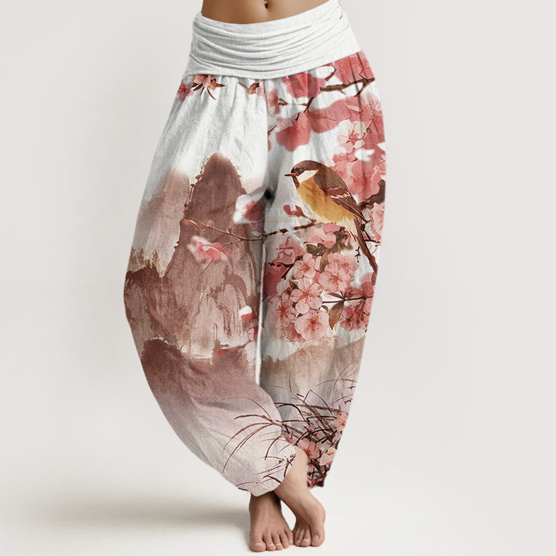 Cotton Bird Cherry Blossom Mountains Pattern Women's Elastic Waist Harem Pants