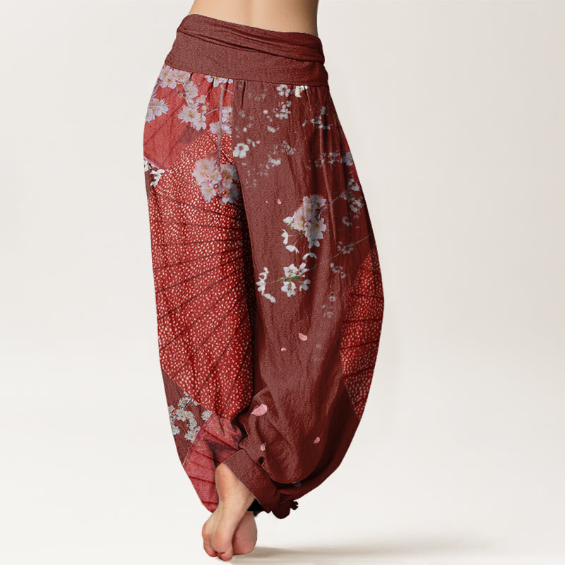 Cotton Casual Red Oil-paper Umbrella Cherry Blossom Pattern Women's Elastic Waist Harem Pants