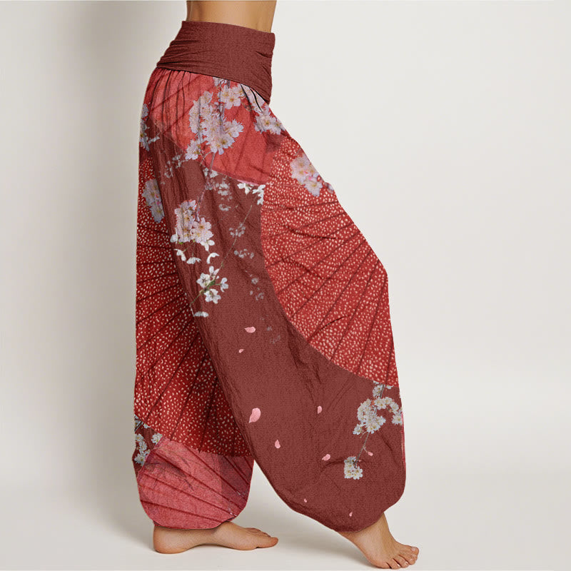 Cotton Casual Red Oil-paper Umbrella Cherry Blossom Pattern Women's Elastic Waist Harem Pants
