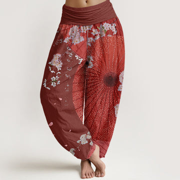 Cotton Casual Red Oil-paper Umbrella Cherry Blossom Pattern Women's Elastic Waist Harem Pants