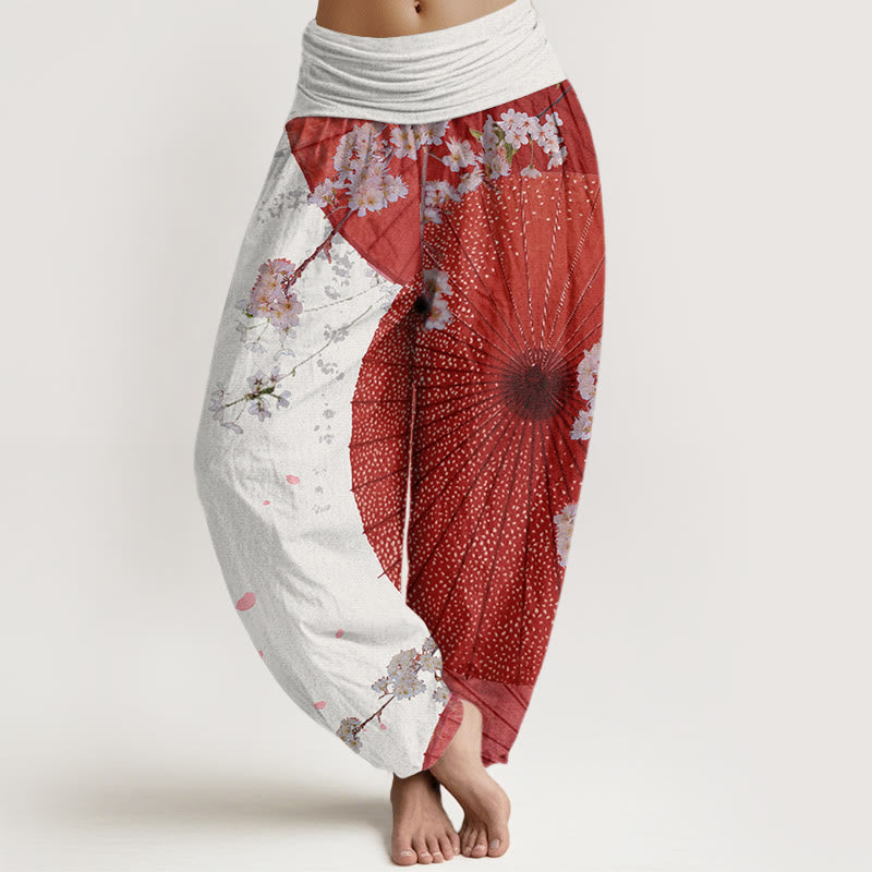 Cotton Casual Red Oil-paper Umbrella Cherry Blossom Pattern Women's Elastic Waist Harem Pants
