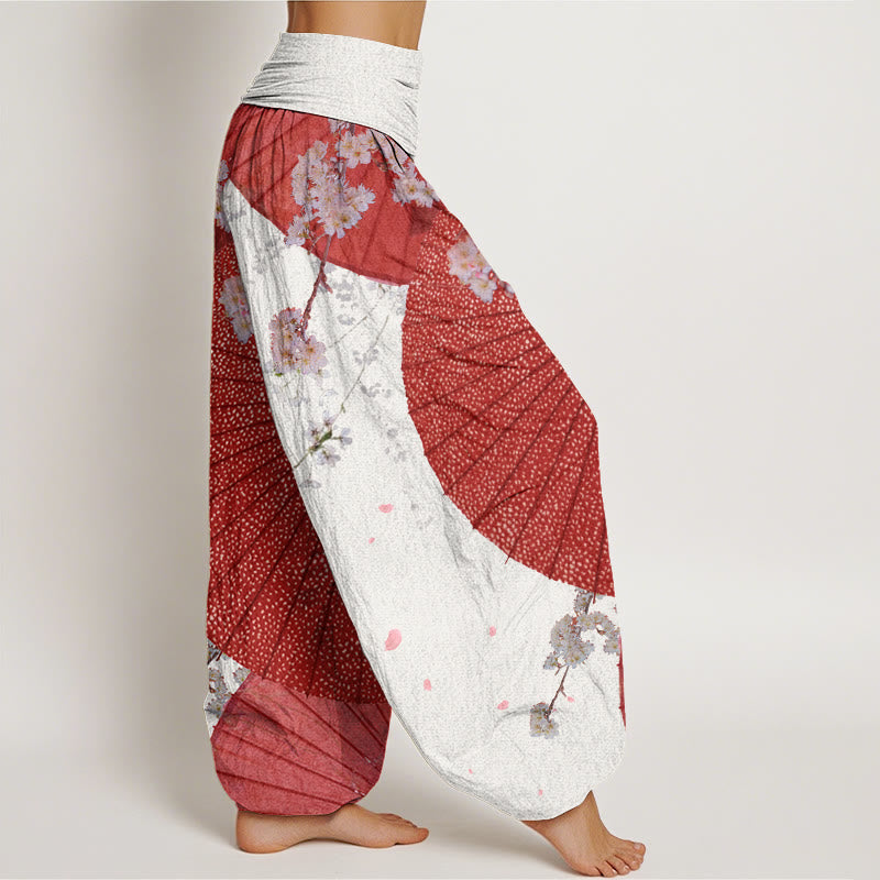 Cotton Casual Red Oil-paper Umbrella Cherry Blossom Pattern Women's Elastic Waist Harem Pants