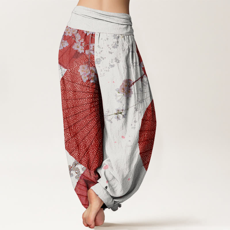 Cotton Casual Red Oil-paper Umbrella Cherry Blossom Pattern Women's Elastic Waist Harem Pants
