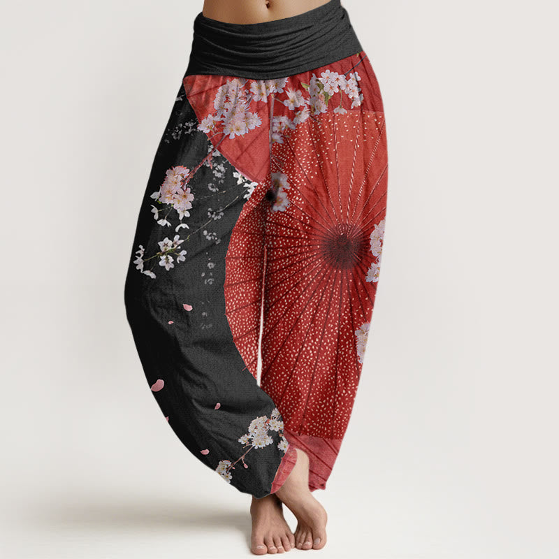 Cotton Casual Red Oil-paper Umbrella Cherry Blossom Pattern Women's Elastic Waist Harem Pants