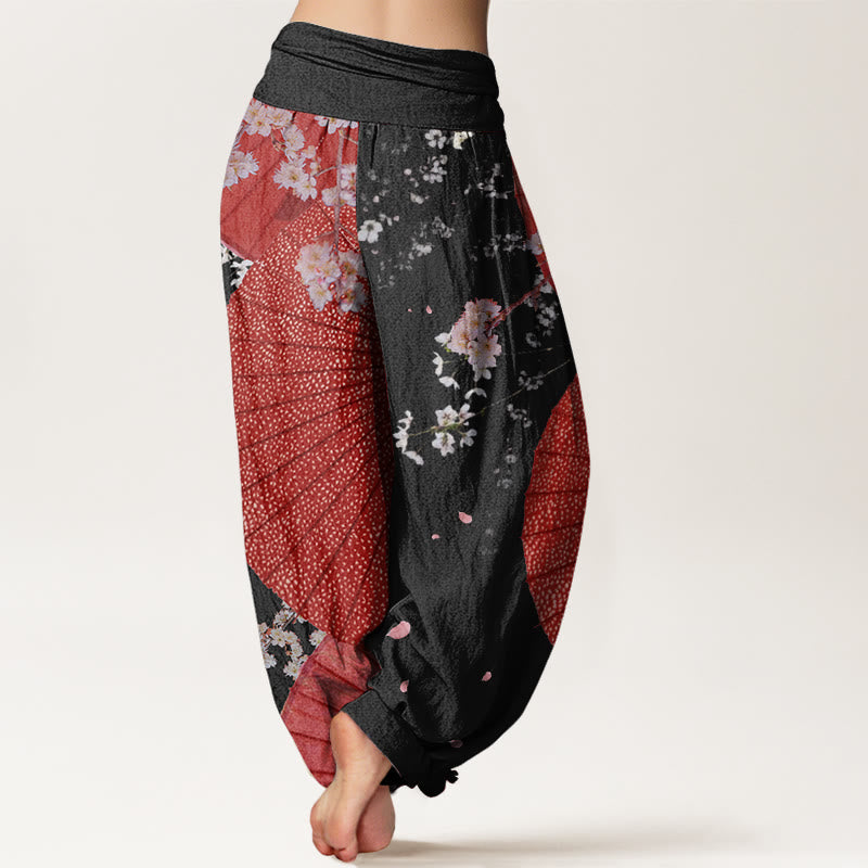 Cotton Casual Red Oil-paper Umbrella Cherry Blossom Pattern Women's Elastic Waist Harem Pants