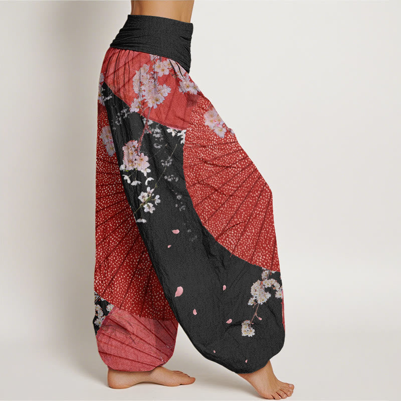 Cotton Casual Red Oil-paper Umbrella Cherry Blossom Pattern Women's Elastic Waist Harem Pants