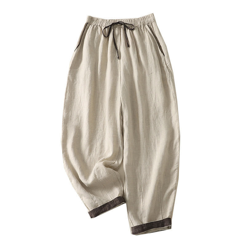 Summer Casual Pure Color Drawstring 9 Length Cotton Linen Women's Harem Pants With Pockets