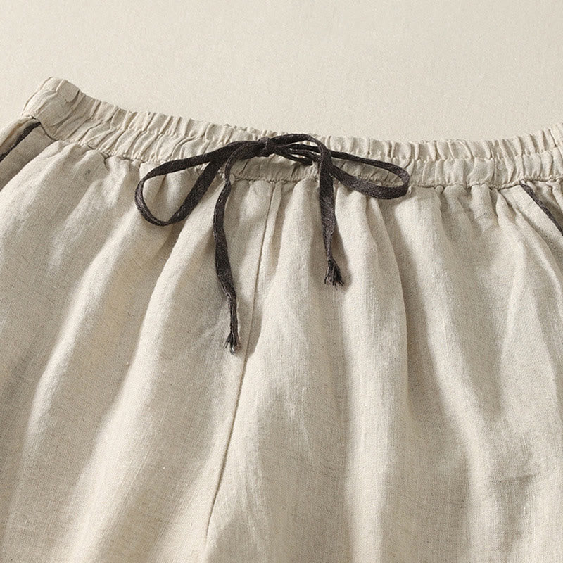 Summer Casual Pure Color Drawstring 9 Length Cotton Linen Women's Harem Pants With Pockets