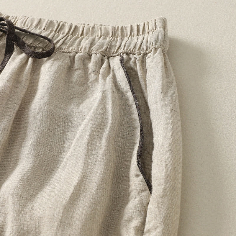 Summer Casual Pure Color Drawstring 9 Length Cotton Linen Women's Harem Pants With Pockets