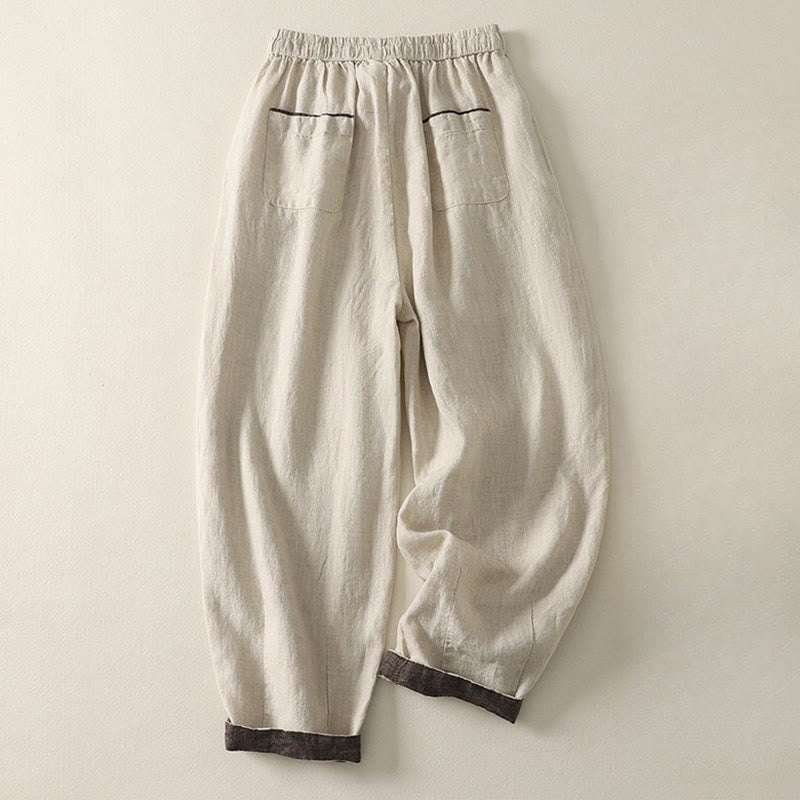 Summer Casual Pure Color Drawstring 9 Length Cotton Linen Women's Harem Pants With Pockets