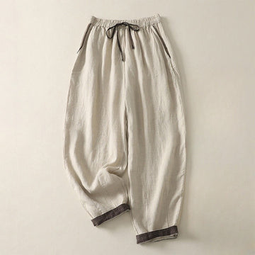Summer Casual Pure Color Drawstring 9 Length Cotton Linen Women's Harem Pants With Pockets
