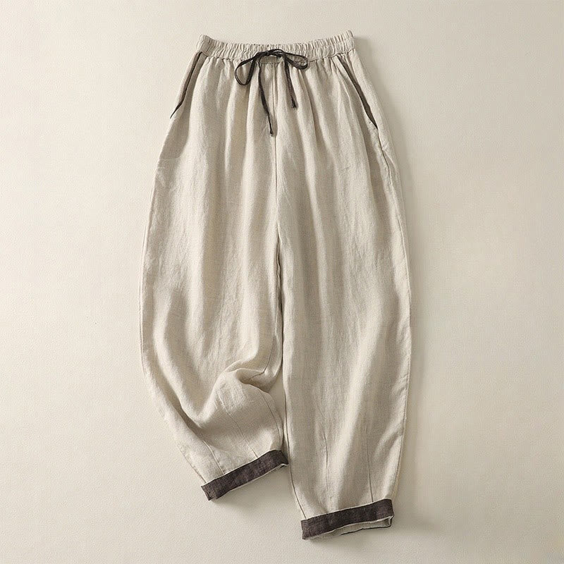 Summer Casual Pure Color Drawstring 9 Length Cotton Linen Women's Harem Pants With Pockets