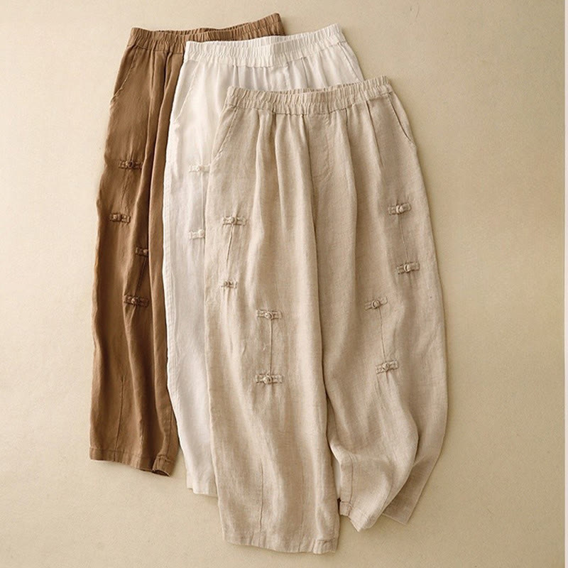 Cotton Linen Tapered Frog-Button Meditation Harem Pants