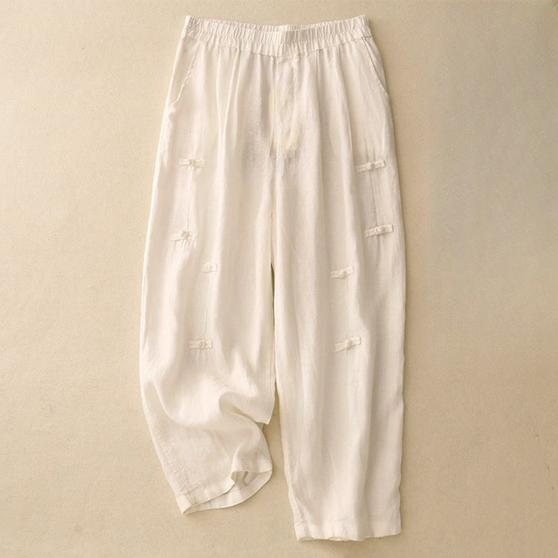 Cotton Linen Tapered Frog-Button Meditation Harem Pants