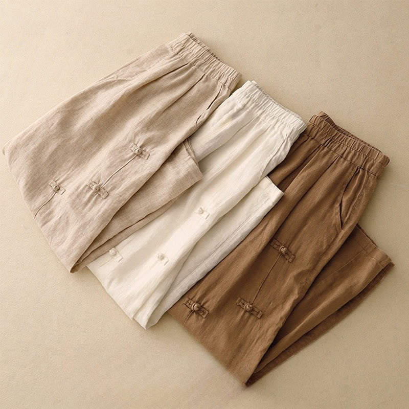 Cotton Linen Tapered Frog-Button Meditation Harem Pants