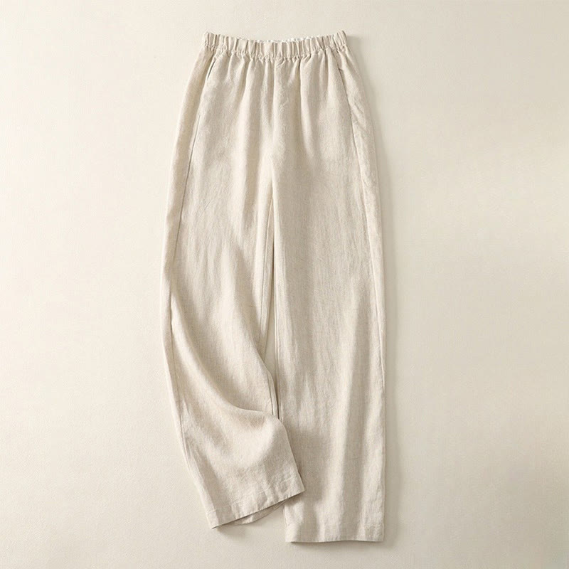 Daily Plain Simple Design Cotton Linen Women's Pants With Pockets