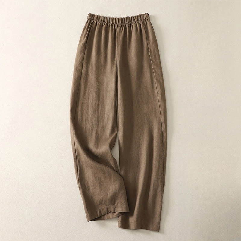 Daily Plain Simple Design Cotton Linen Women's Pants With Pockets