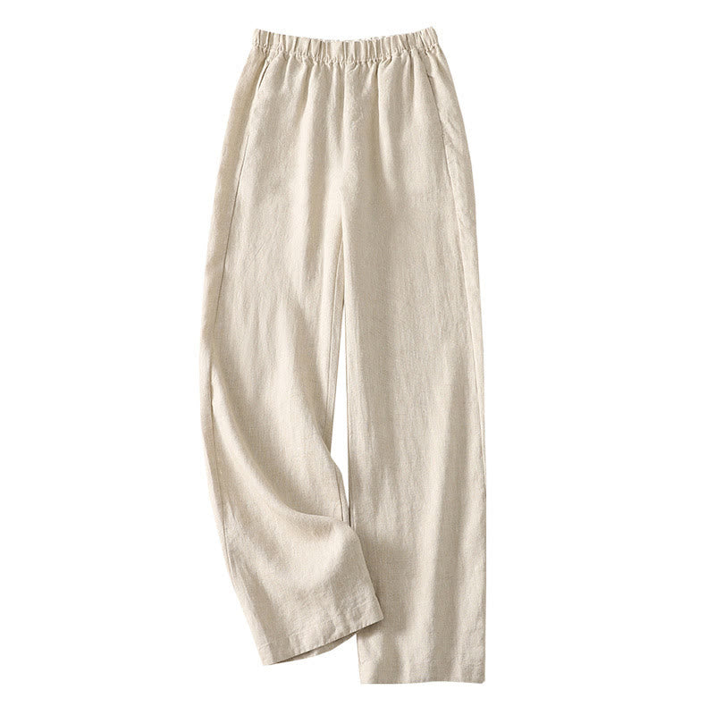 Daily Plain Simple Design Cotton Linen Women's Pants With Pockets