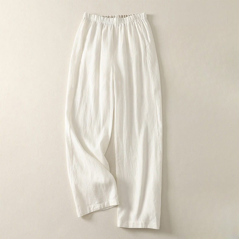 Daily Plain Simple Design Cotton Linen Women's Pants With Pockets