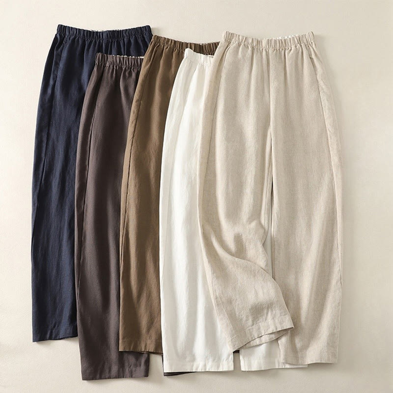 Daily Plain Simple Design Cotton Linen Women's Pants With Pockets