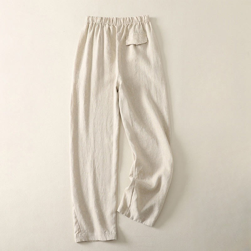 Daily Plain Simple Design Cotton Linen Women's Pants With Pockets