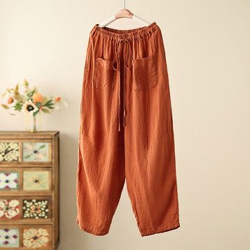 Casual Plain Wrinkles Design Drawstring 9 Length Cotton Linen Women's Wide Leg Pants With Pockets