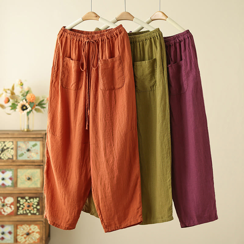 Casual Plain Wrinkles Design Drawstring 9 Length Cotton Linen Women's Wide Leg Pants With Pockets