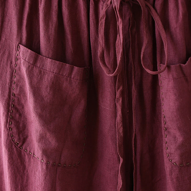 Casual Plain Wrinkles Design Drawstring 9 Length Cotton Linen Women's Wide Leg Pants With Pockets