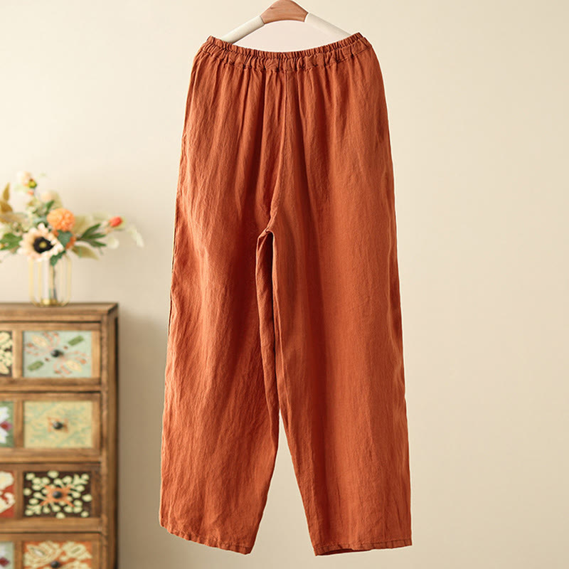 Casual Plain Wrinkles Design Drawstring 9 Length Cotton Linen Women's Wide Leg Pants With Pockets