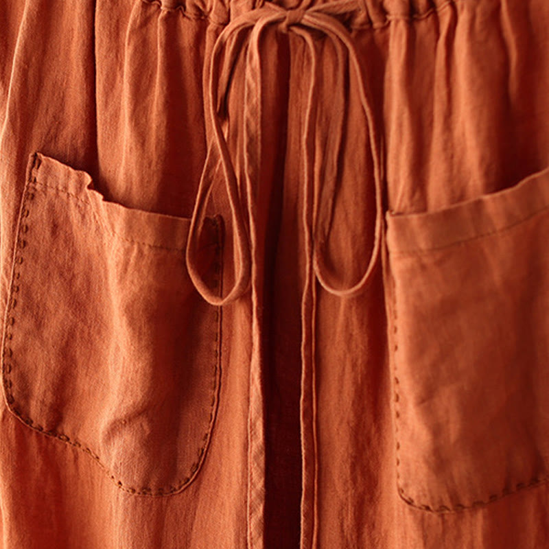 Casual Plain Wrinkles Design Drawstring 9 Length Cotton Linen Women's Wide Leg Pants With Pockets