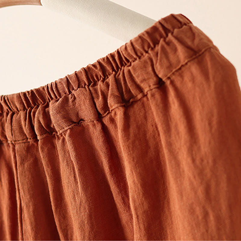 Casual Plain Wrinkles Design Drawstring 9 Length Cotton Linen Women's Wide Leg Pants With Pockets