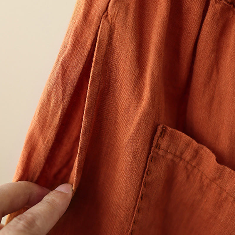 Casual Plain Wrinkles Design Drawstring 9 Length Cotton Linen Women's Wide Leg Pants With Pockets