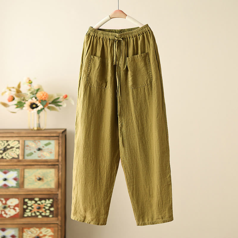 Casual Plain Wrinkles Design Drawstring 9 Length Cotton Linen Women's Wide Leg Pants With Pockets