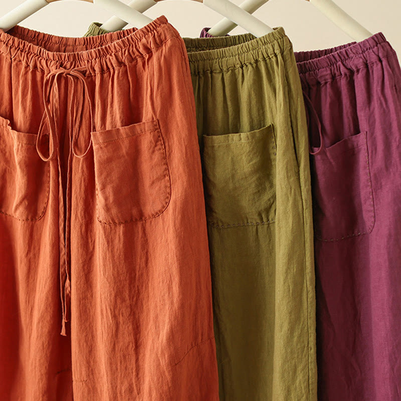 Casual Plain Wrinkles Design Drawstring 9 Length Cotton Linen Women's Wide Leg Pants With Pockets